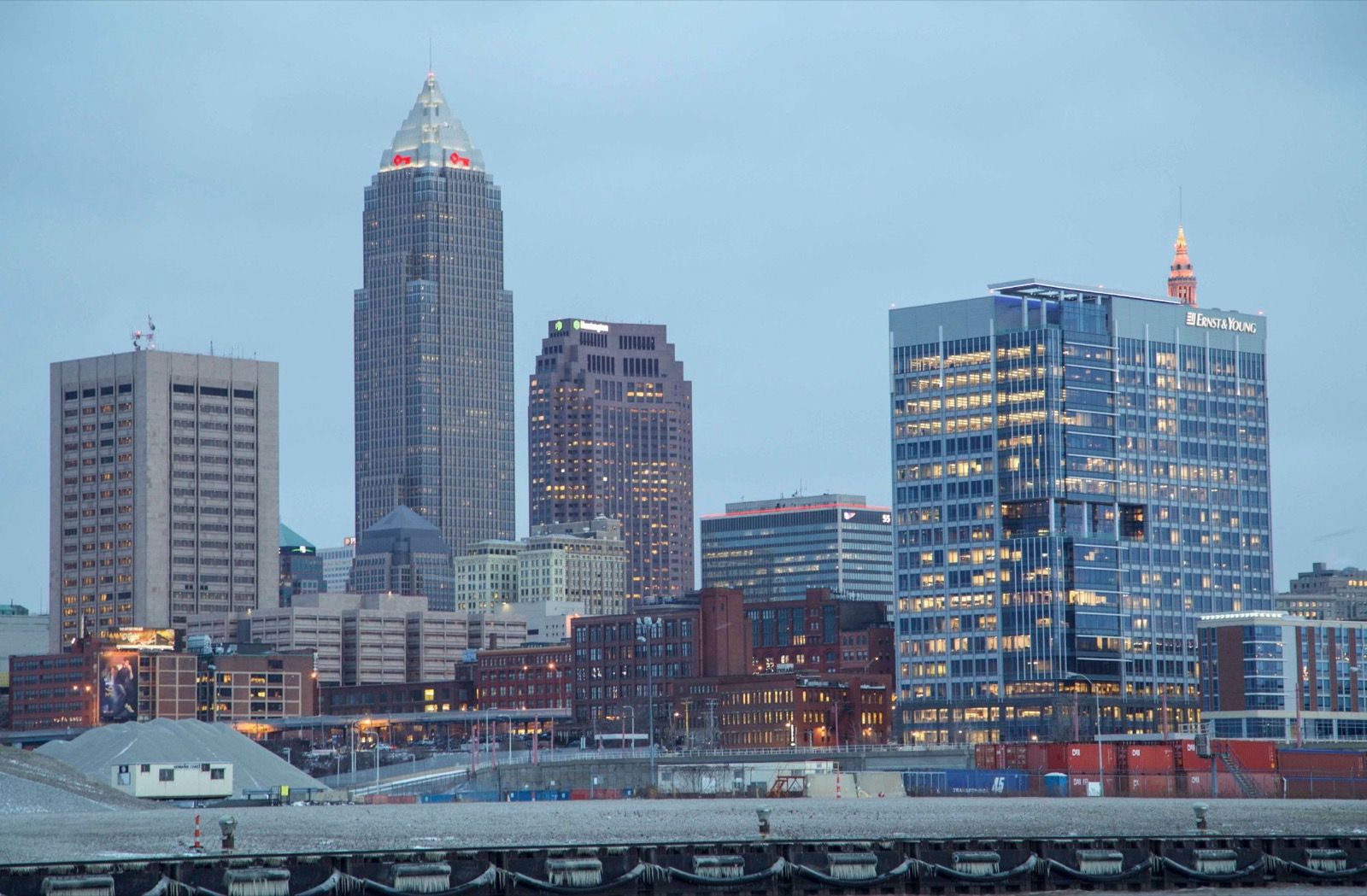 Downtown Cleveland skyline at dusk